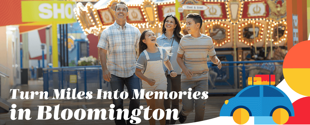 A family explores the Mall of America with a carousel in the background. A headline reads: Turn miles into memories in Bloomington.