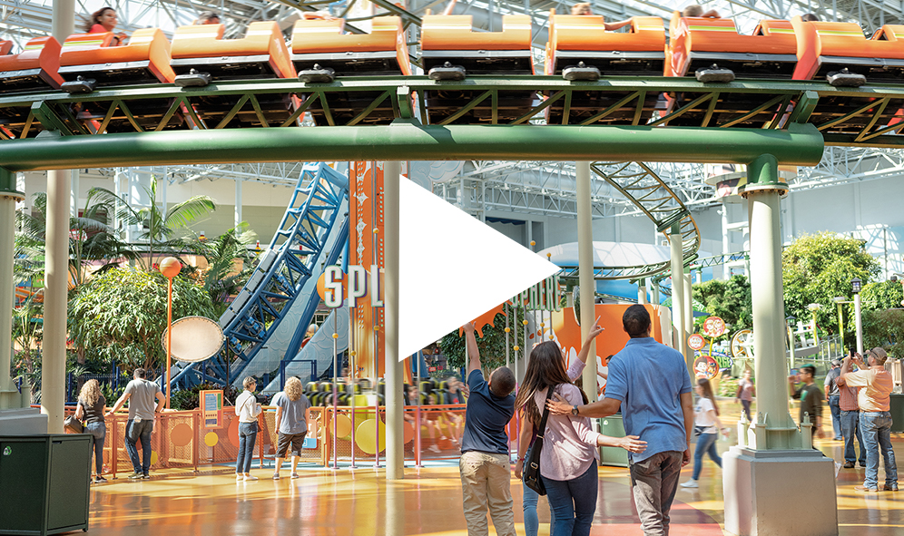 A family looking at a roller coaster. 